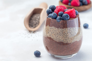 Layered chocolate and peanut butter chia seed pudding in  glass, garnished with raspberry and...