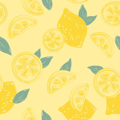 Seamless texture with lemons on yellow background.