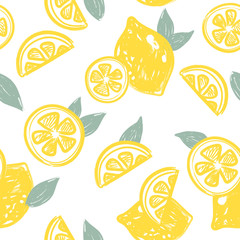 Hand drawn seamless pattern with yellow lemons and leaves on white background