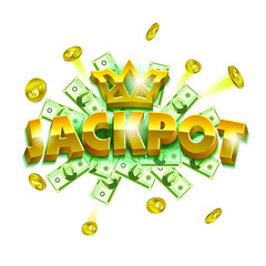 Jackpot casino banner. Colorful objects as a coins, banknotes and huge letter signs. Can be used as an announcement game banner