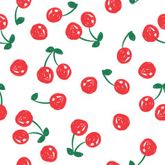 Seamless pattern with cherry berries on white background. For design and decoration of fabric, paper, wallpaper, packaging