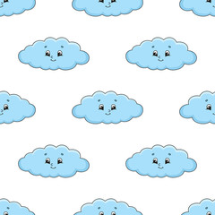 Happy cloud. Colored seamless pattern with cute cartoon character. Simple flat vector illustration isolated on white background. Design wallpaper, fabric, wrapping paper, covers, websites.
