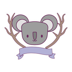 head of koala with tree branches and ribbon