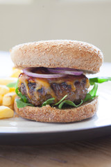 Organic BBQ Cheesburger with Red Onion and Arugula