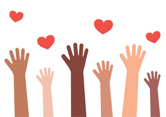 Hands of different people and hearts on a white background. Tolerance. Vector illustration.