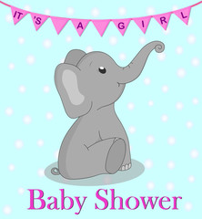 Invitation card baby shower with elephant for girl. Cute elephant with flags on  turquoise background. Birthday greetings card with flat grey elephant. vector EPS10
