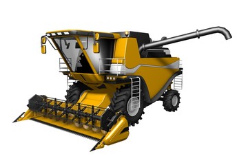 Obraz premium industrial 3D illustration of big cg orange rural agricultural combine harvester with harvest pipe detached front view isolated on white