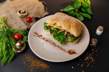 Tasty breakfast. sandwich with smoked ham, cheese, tomato and lettuce served on a white plate.Black background . Slow-mo.