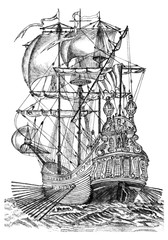 Drawing vector illustration of the old wooden vessel with many sails in the ocean in the back and side views