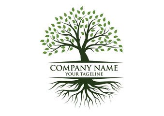 Tree and roots logo illustration. Vector silhouette of a tree