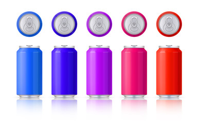 Vector set of glossy colored aluminum cans. Template on a white background with reflection. Vector. EPS10