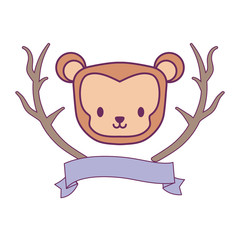 head of cute bear with tree branches and ribbon