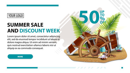 Summer sale and discount week, white web banner in modern style for your website with treasure chest, ship steering wheel, palm leaves, gems and pearls