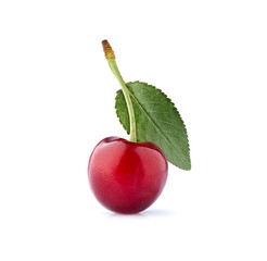 Sweet cherry berry with leaf isolated on white background cutout