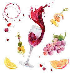 Wine watercolor set. Glass of red wine with wine splash. Grapes, cheese, fruits and wine staines hand-painted and isolated on white background.