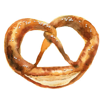 Watercolor illustration of tasty pretzel isolated on the white background.