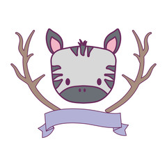 head of cute zebra with tree branches and ribbon