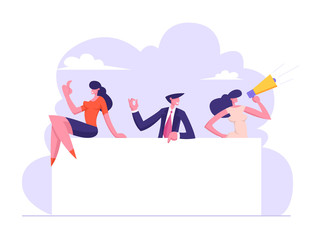 Business People Team Holding Blank Board. Business Presentation, Announcement Concept. Man and Woman Characters with Empty Advertising Placard. Vector flat illustration