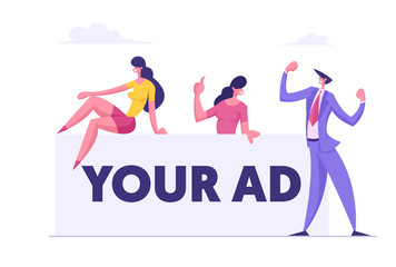Business People Team Holding Blank Board. Business Presentation, Announcement Concept. Man and Woman Characters with Empty Advertising Billboard. Vector flat illustration