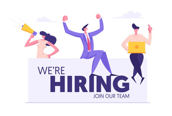 We are Hiring Concept Banner with Business People. Teamwork, Recruitment, Job Hiring, Agency Interview, Human Resources with Man and Woman. Vector flat illustration