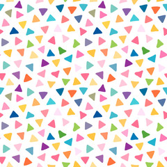 Colorful hand drawn vector seamless pattern with scattered triangles, abstract geometric background for kids and baby designs