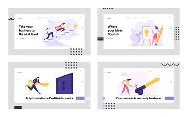 Business People Climbing Stairs to Success Landing Page Set. Man and Woman Characters. Business Competition, Goal Achievement, Creative Idea Concept Web banner. Vector flat cartoon illustration