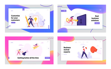 Successful Businessman Draw Light Bulb with Pencil Landing Page Set. Creative Idea, Business Solution, Innovation Strategy, Business Challenge Concept Web Banner. Vector flat illustration