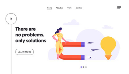 Woman with Big Magnet Attract Business Idea Landing Page. Businesswoman Using Magnetic Power to Attract Light Bulb. Brainstorming Innovation Concept Website Banner. Vector flat cartoon illustration