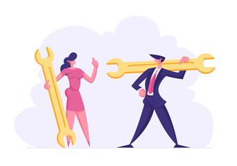 Business People Characters with Wrench. Man and Woman with Spanner in Hand. Technical Support Service Teamwork Concept. Mechanic Manager Employee. Vector flat illustration