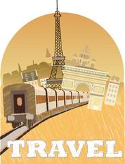 Travel to France by train.Welcome to Paris.Banner,sign,advertising poster. Attractions of Italy icons.Vector image.