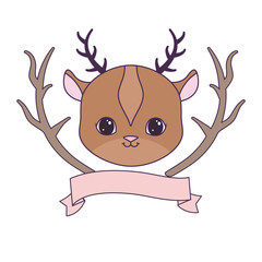cute reindeer with tree branches and ribbon