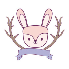 head of cute rabbit with tree branches and ribbon