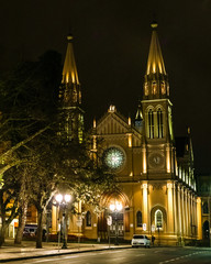 Fototapeta na wymiar Cathedral with nocturnal illumination and streetlamps
