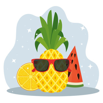 Pineapple Wearing Sunglasses And Watermelon With Lemon Fruits