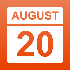 August 20. White calendar on a  colored background. Day on the calendar. Twentieth of august. Illustration.