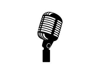 Retro vintage microphone vector on white background. Mic silhouette. Music, voice, record icon. Recording studio symbol. Flat stye vector illustration - obrazy, fototapety, plakaty