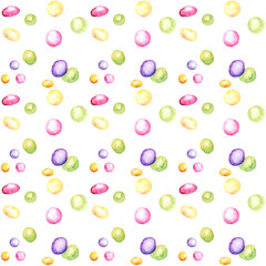Obraz premium Candy bar hand drawn watercolor pattern, Lollipop and bow bright colors - purple, green, yellow Scrapbook paper on white background, Sweet Birthday Party