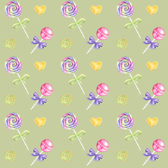Candy bar hand drawn watercolor pattern, Lollipop and bow bright colors - purple, green, yellow Scrapbook paper on green background, Sweet Birthday Party