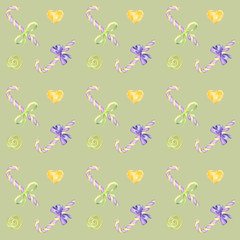 Candy bar hand drawn watercolor pattern, Lollipop and bow bright colors - purple, green, yellow Scrapbook paper on green background, Sweet Birthday Party
