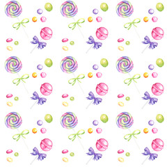 Candy bar hand drawn watercolor pattern, Lollipop and bow bright colors - purple, green, yellow Scrapbook paper on white background, Sweet Birthday Party