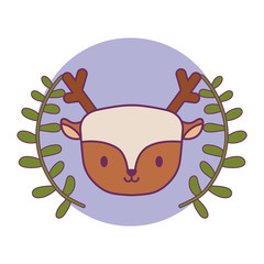 head of cute reindeer in frame circular with crown of leafs