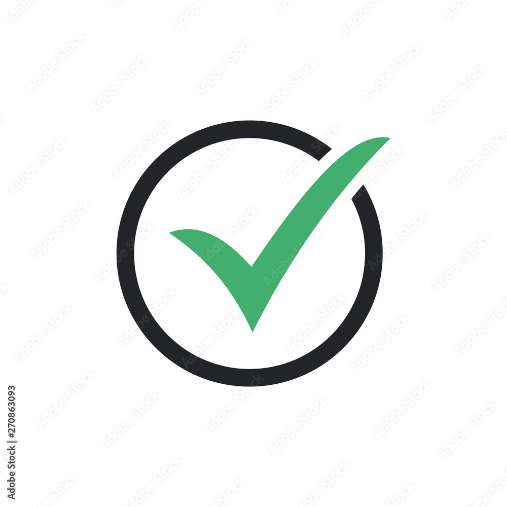 Poster green check mark icon in a black circle. flat icon checklist mark symbol vector illustration.