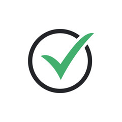 Green check mark icon in a black circle. Flat icon checklist mark symbol vector illustration.