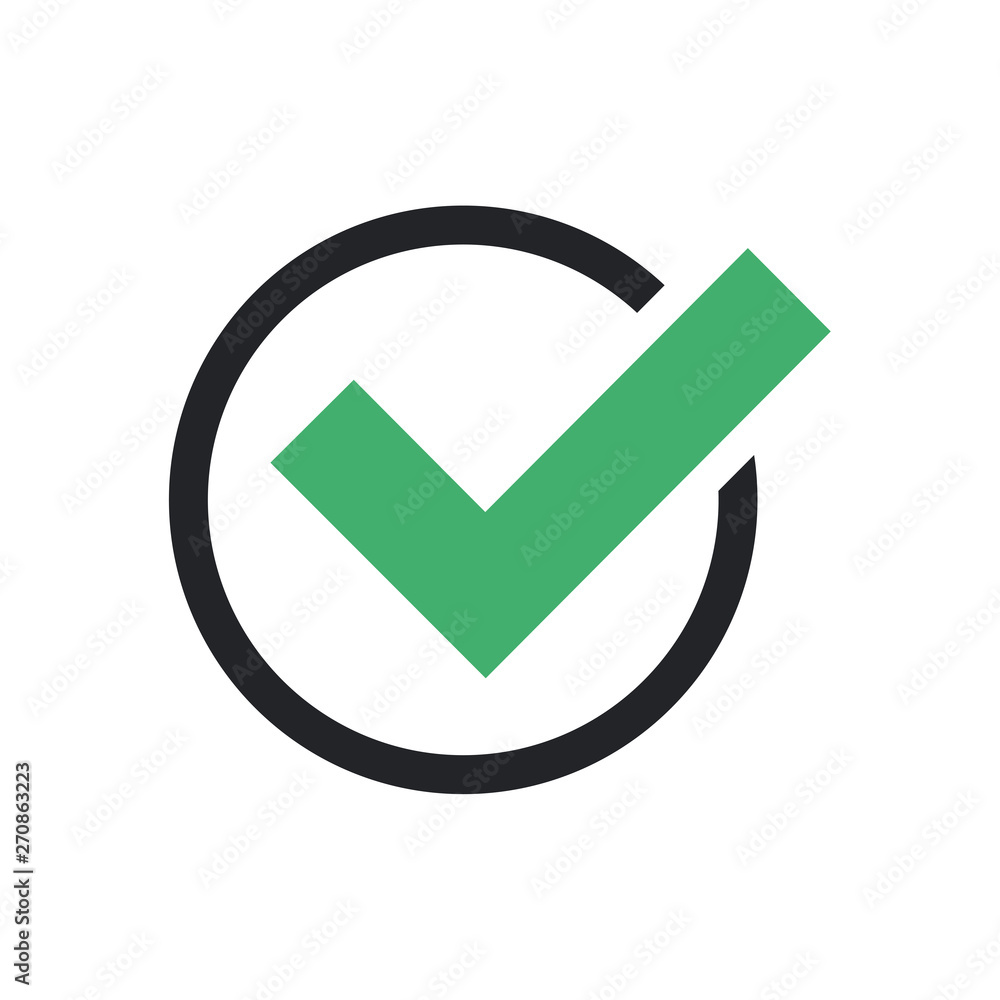 Poster green check mark icon in a black circle. flat icon checklist mark symbol vector illustration.