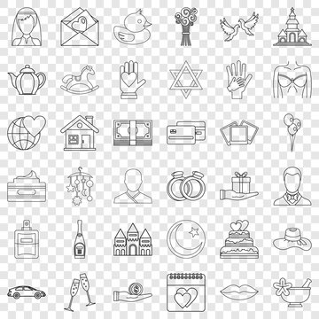 Bridegroom icons set. Outline style of 36 bridegroom vector icons for web for any design