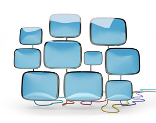 Fantasy TV concept. Retro kinescopes for tv receivers fly on a white background. Isolated with clipping path. 