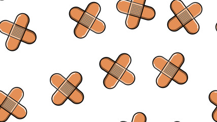 Seamless pattern texture of endless repetitive corporal medical pharmacological patches for sticking wounds and cuts against white yellow background. Vector illustration