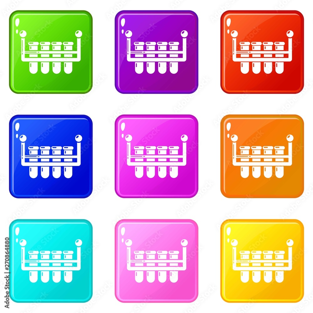 Poster laboratory flask icons set 9 color collection isolated on white for any design
