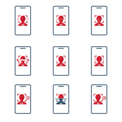 Face recognition. Biometric identification. Facial recognition system. Icon set. Vector
