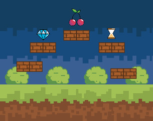 Naklejka premium Arcade game world and pixel scene design vector illustration